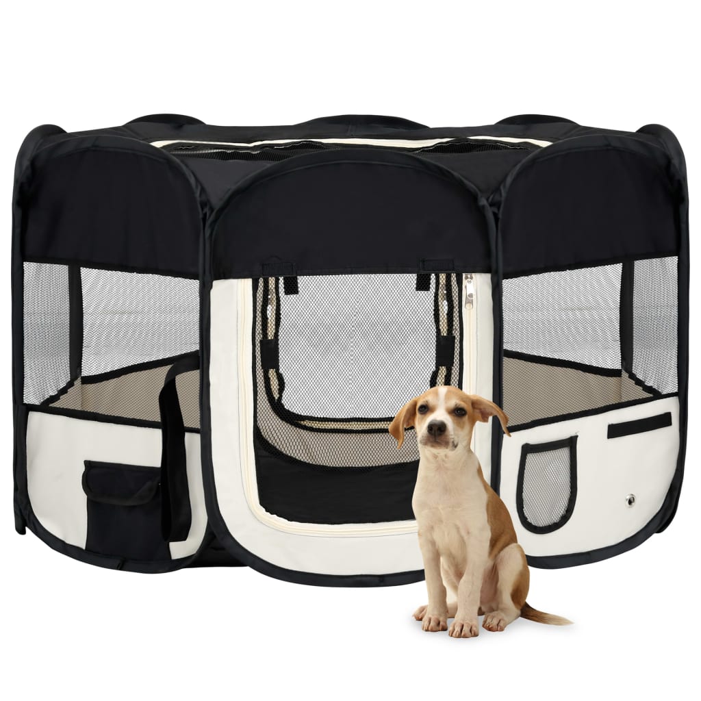 Parc pliable noir et crème pour chien avec sac de transport - 125x125x61cm