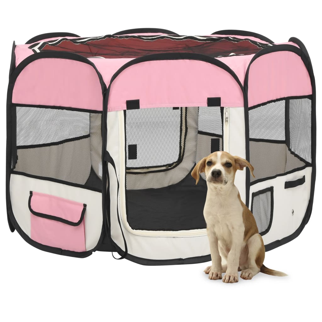 Parc pliable rose pour chien avec sac de transport - 90x90x58 cm