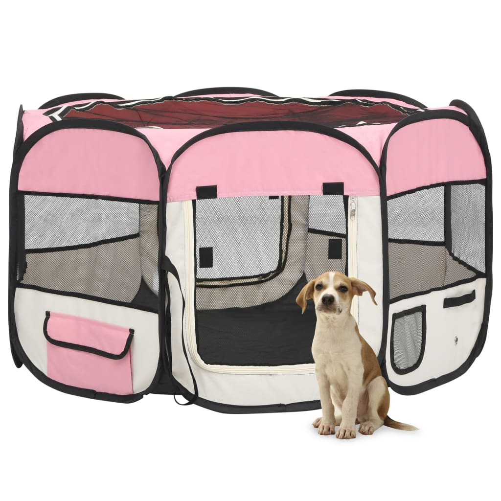 vidaXL Țarc joacă pliabil câini cu sac de transport roz 110x110x58 cm