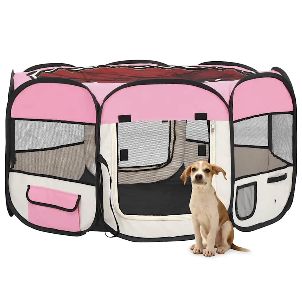 vidaXL Skládací ohrádka pro psy s taškou růžová 125 x 125 x 61 cm