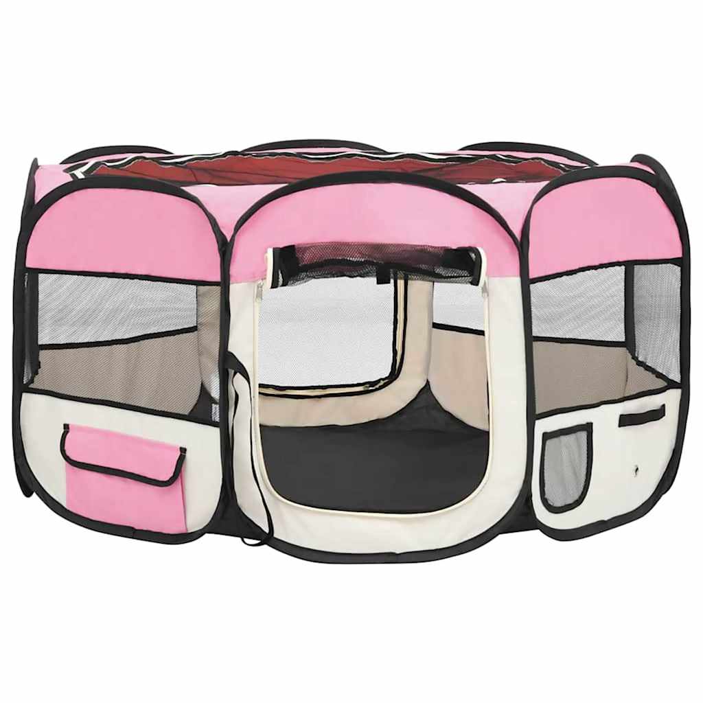 vidaXL Țarc joacă pliabil câini cu sac de transport roz 125x125x61 cm