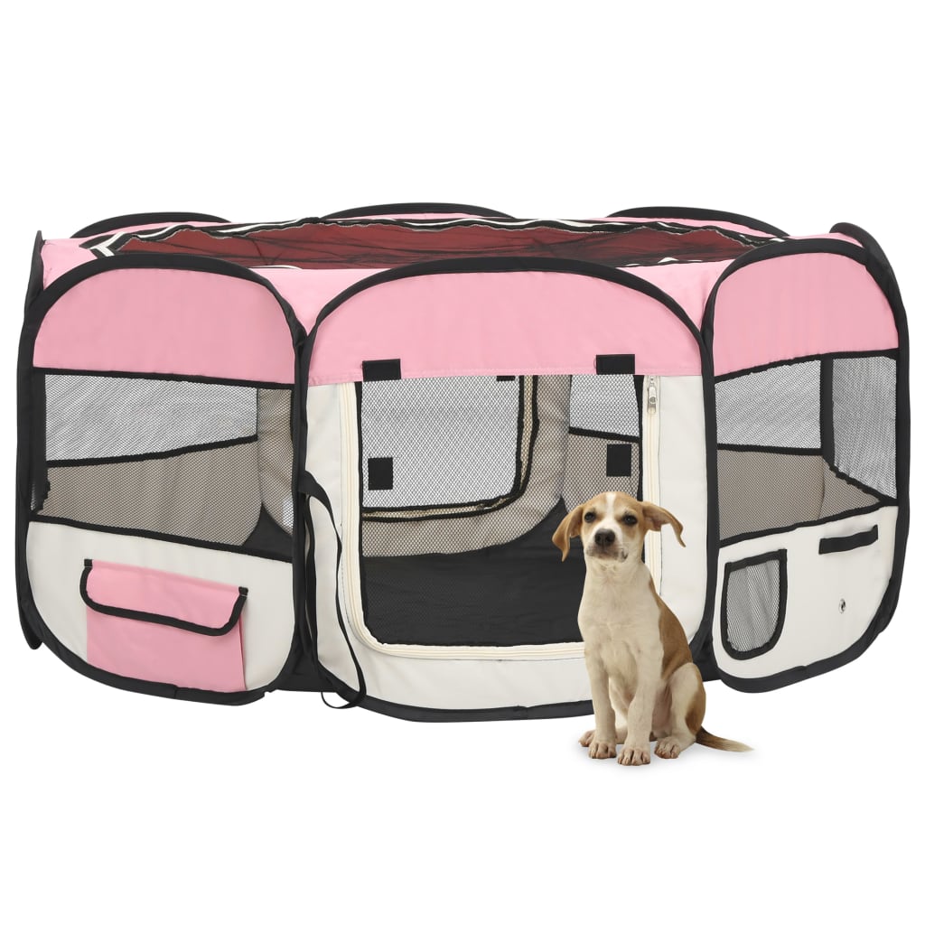 vidaXL foldbar hundegård med bæretaske 145x145x61 cm lyserød