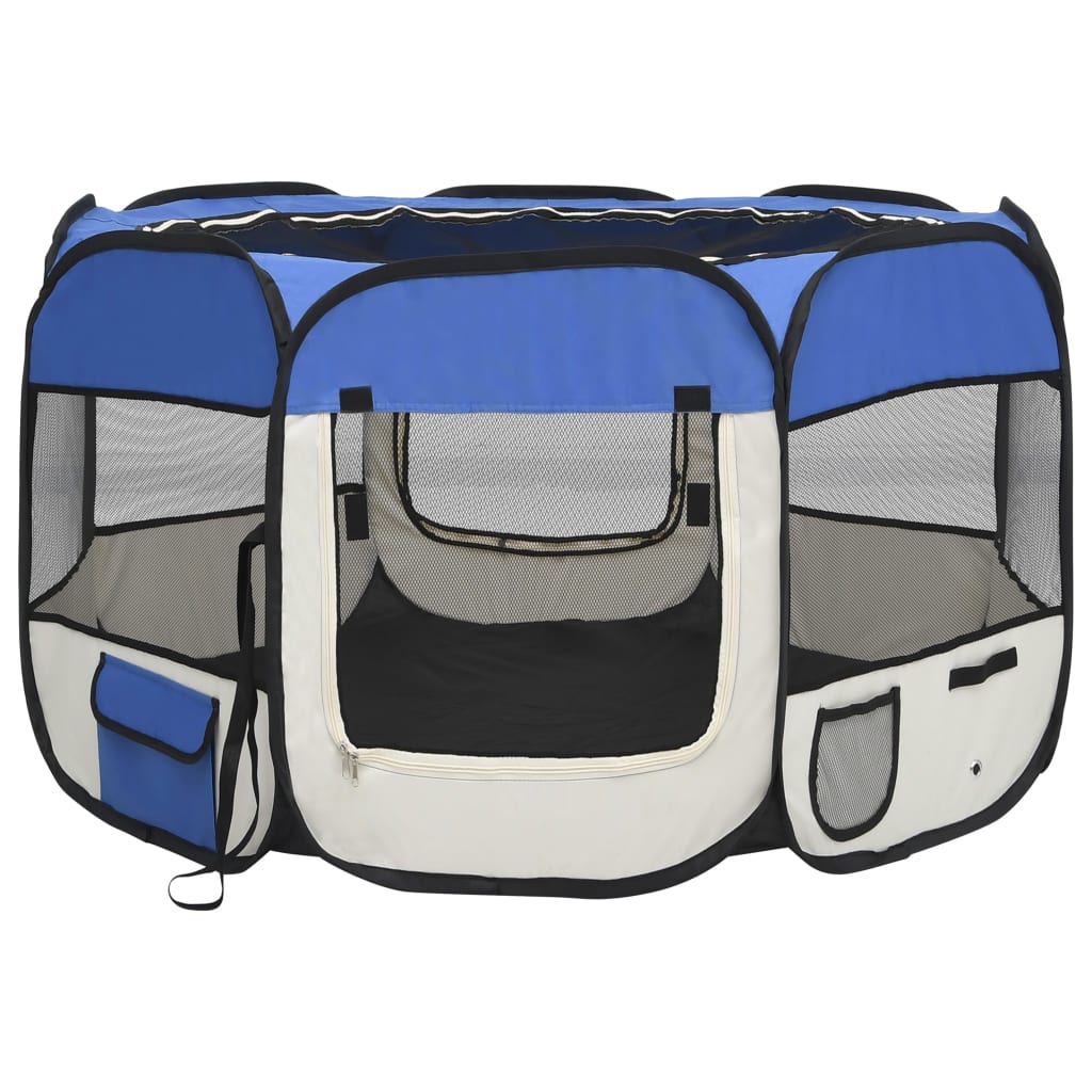 Țarc joacă pliabil câini cu sac de transport albastru 110x110x58 cm