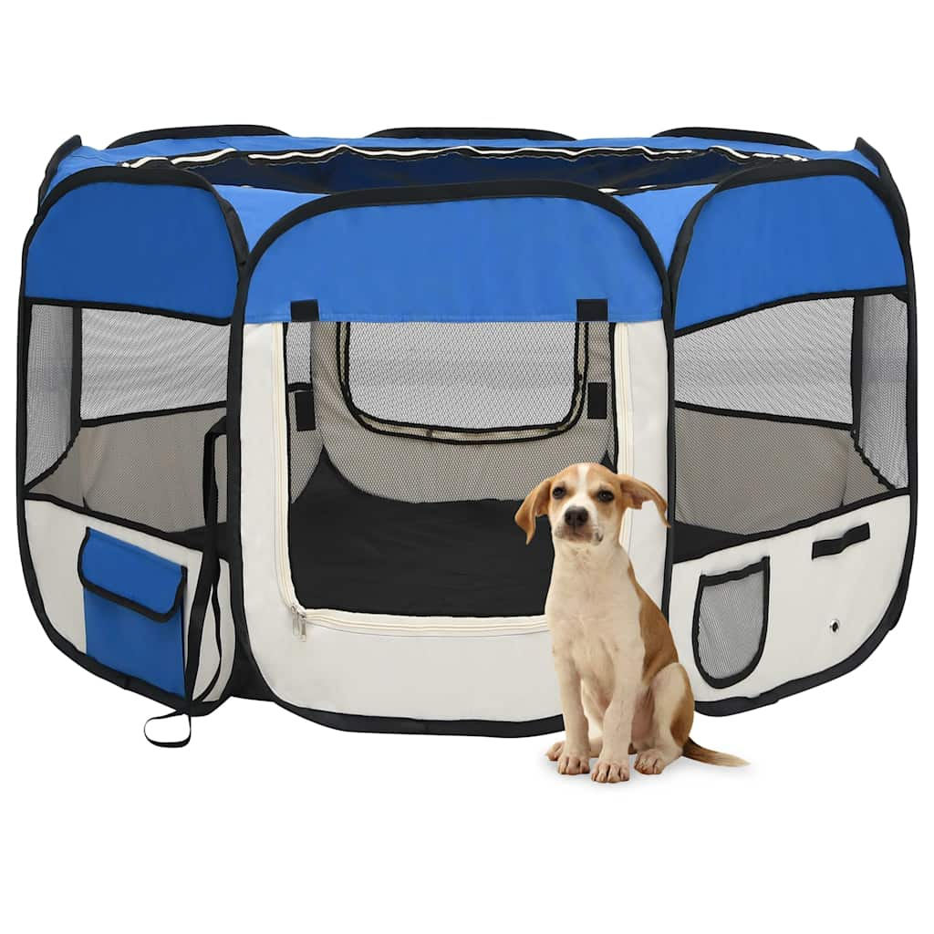 vidaXL Țarc joacă pliabil câini cu sac de transport albastru 110x110x58 cm