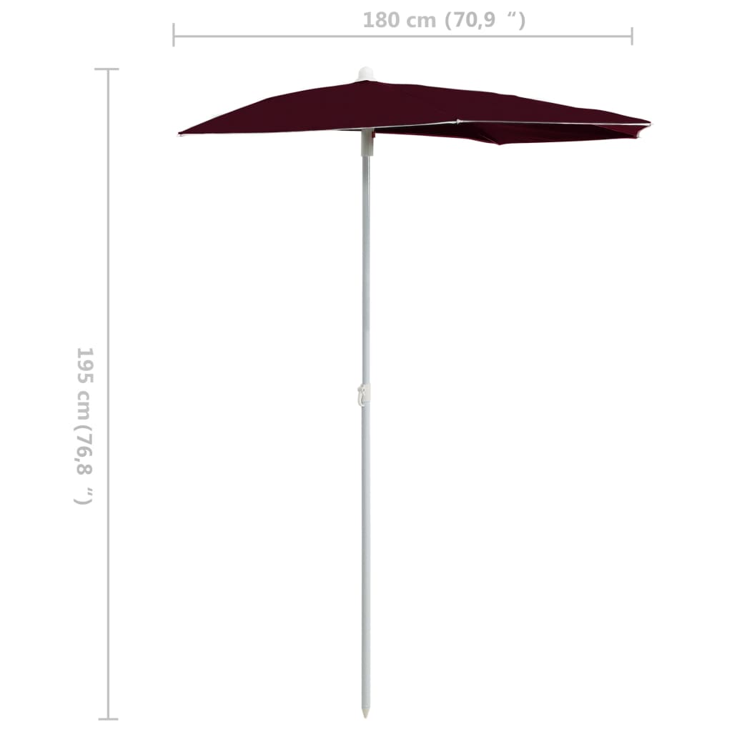  Polkruhový záhradný slnečník s tyčou 180x90 cm, bordový