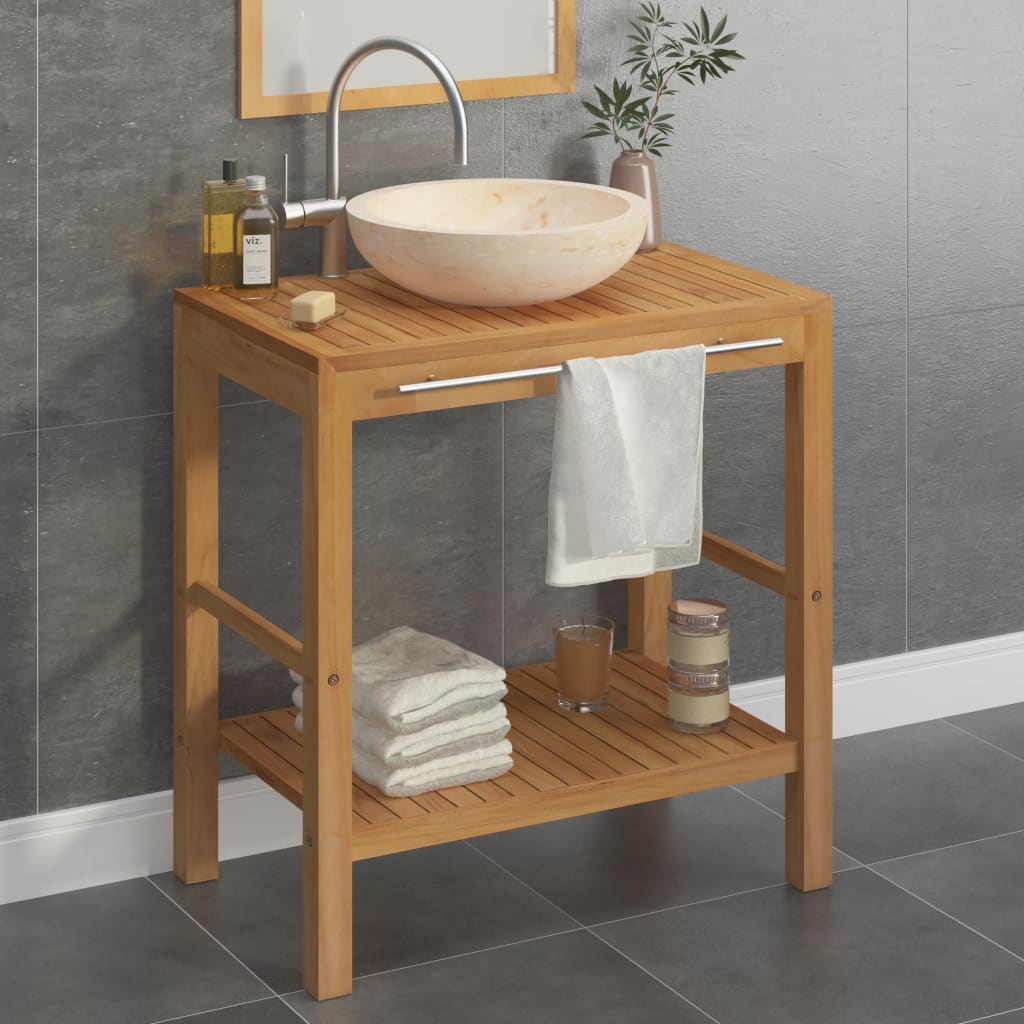 vidaXL Măsuță toaletă, lemn masiv de tec, cu chiuvetă de marmură, crem vidaXL imagine 2022 1-1.ro