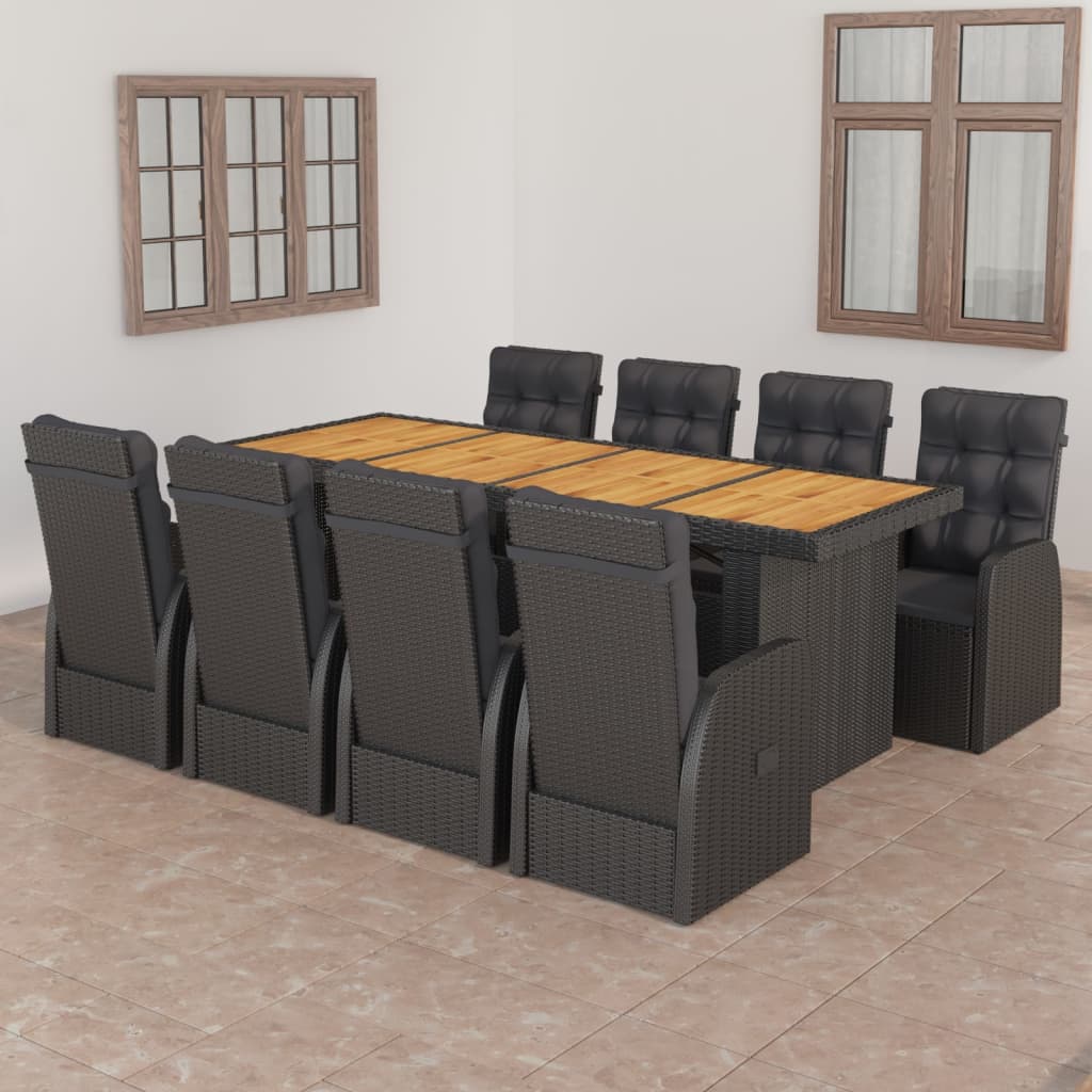 Set mobilier de grădină cu perne, 9 piese, negru, poliratan