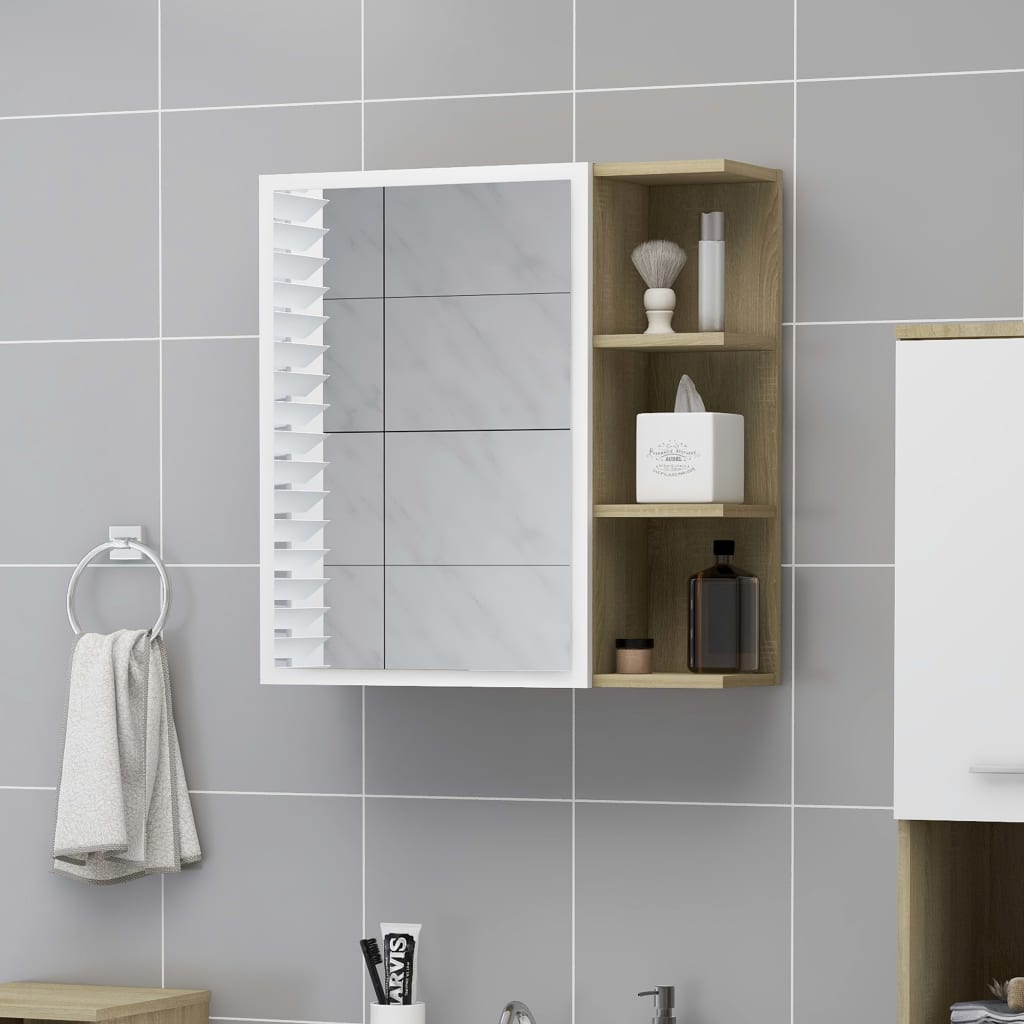 Bad-Spiegelschrank Weiß und Sonoma 62,5x20,5x64 cm Spanplatte