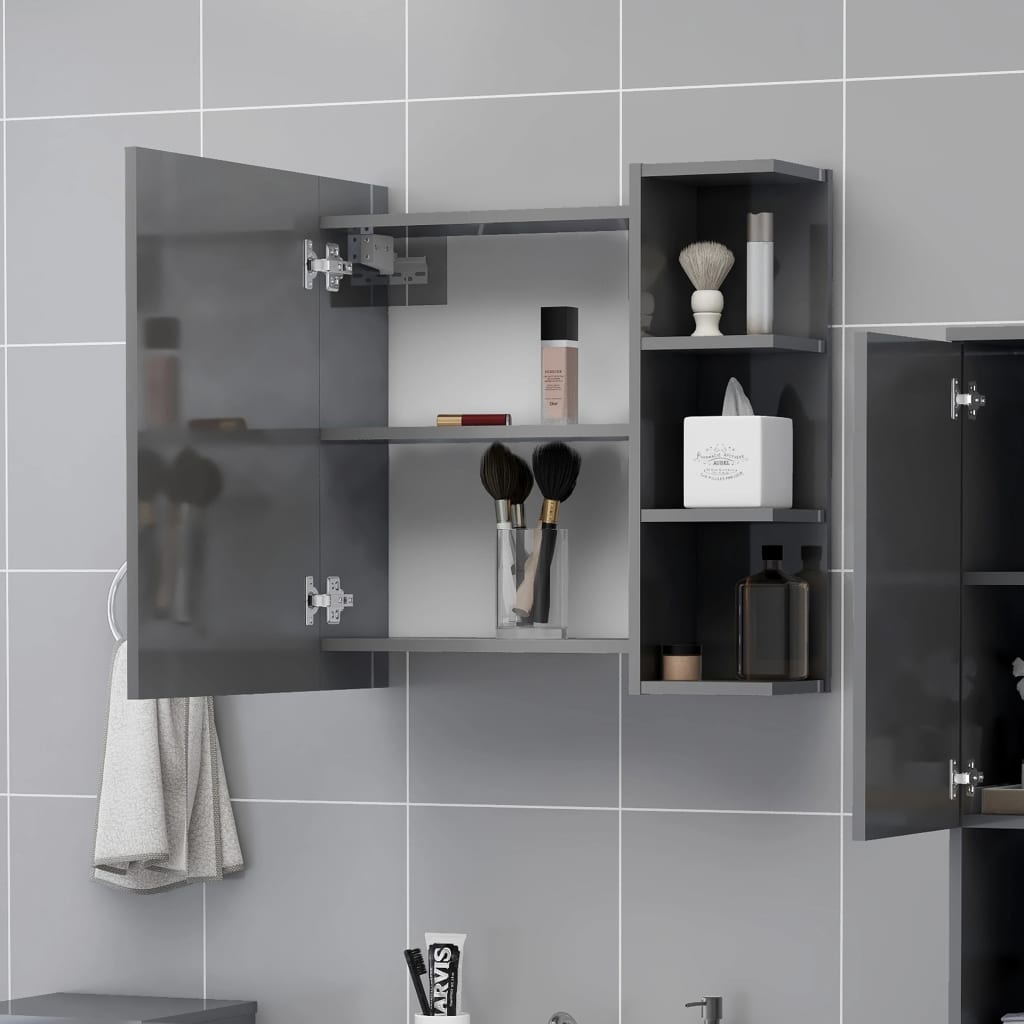 vidaXL Armario espejo de baño contrachapada gris brillo 62,5x20,5x64cm