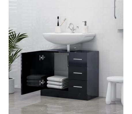 vidaXL Sink Cabinet High Gloss Black 24.8"x11.8"x21.3" Engineered Wood
