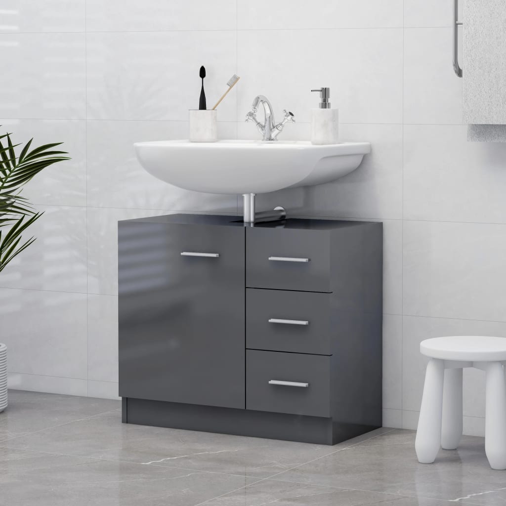 vidaXL Долен шкаф за мивка, сив гланц, 63x30x54 см, ПДЧ