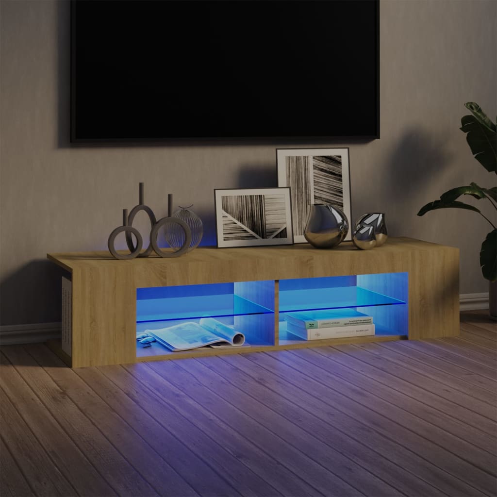 Meuble TV avec lumières LED Blanc et chêne sonoma 135x39x30 cm | meublestv.fr 2