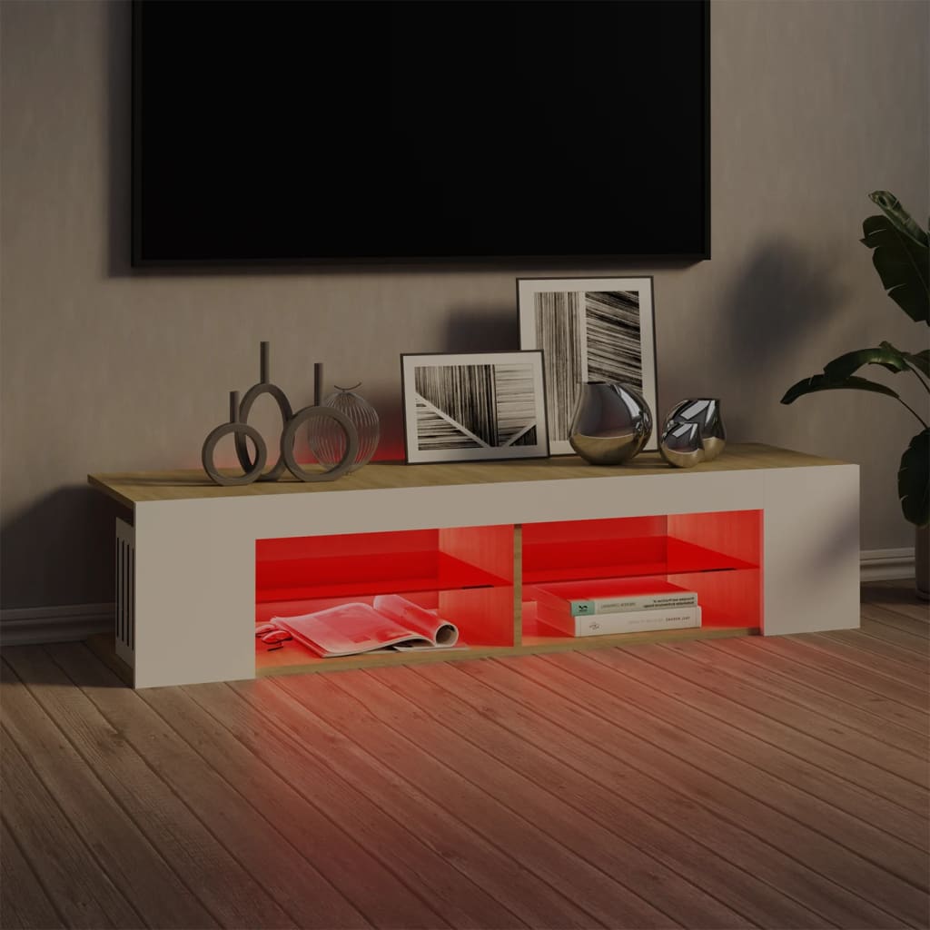 Meuble TV avec lumières LED Blanc et chêne sonoma 135x39x30 cm | meublestv.fr 5