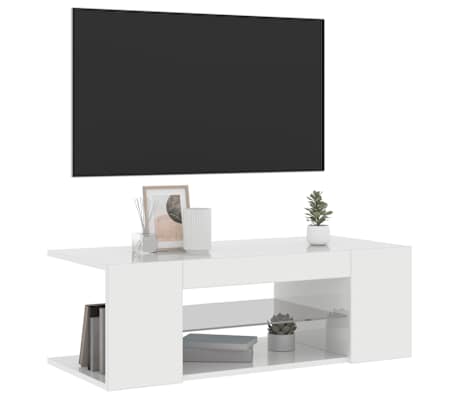 vidaXL TV-benk med LED-lys h&oslash;yglans hvit 90x39x30 cm