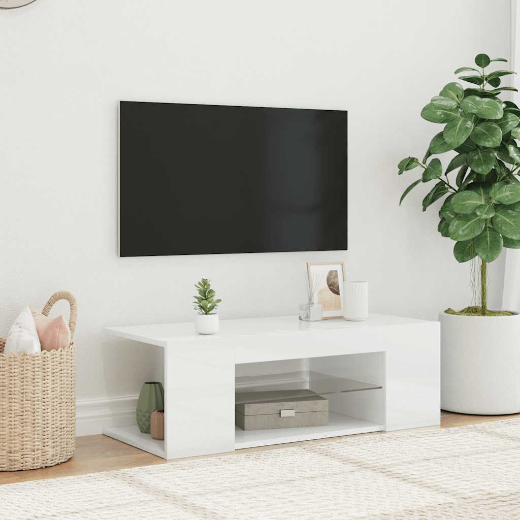 vidaXL TV-Schrank mit LED-Leuchten Hochglanz-Weiß 90x39x30 cm