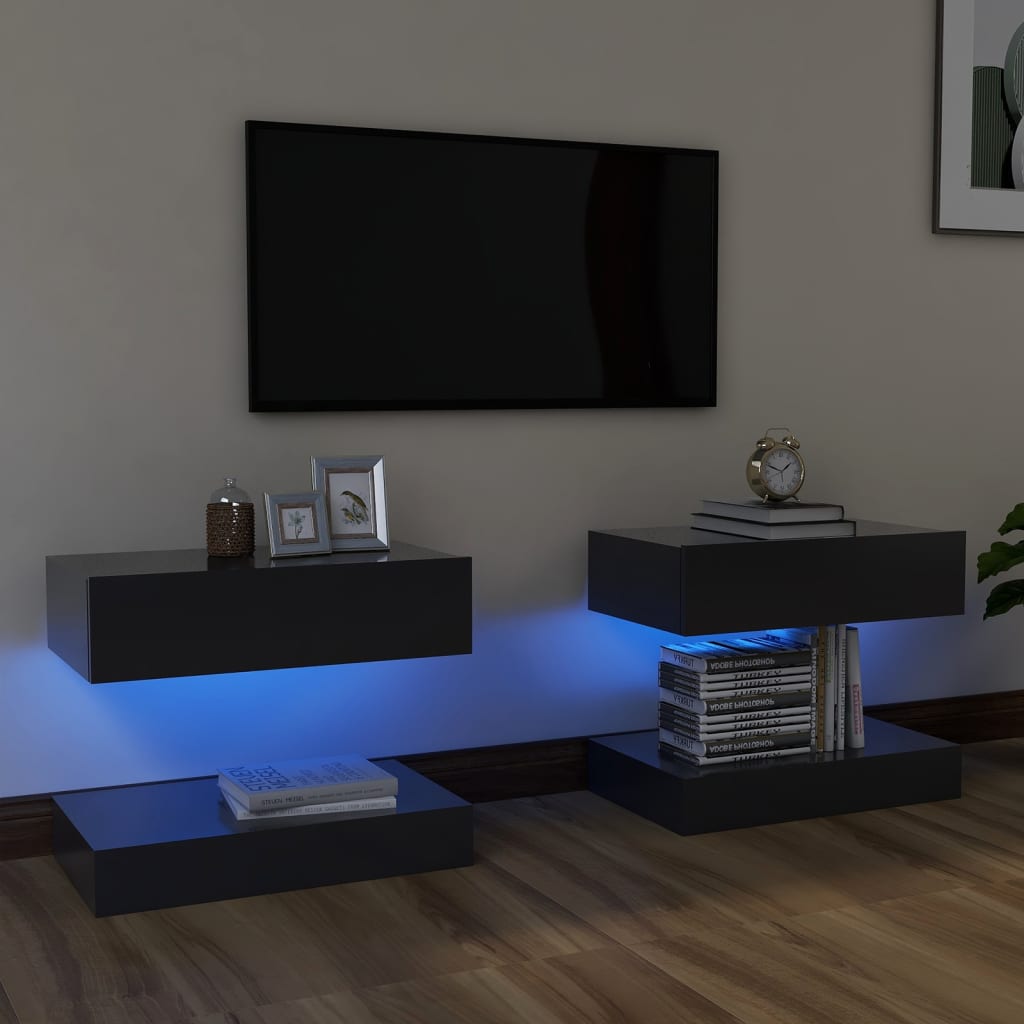 vidaXL Comode TV cu lumini LED, 2 buc., gri, 60×35 cm vidaXL