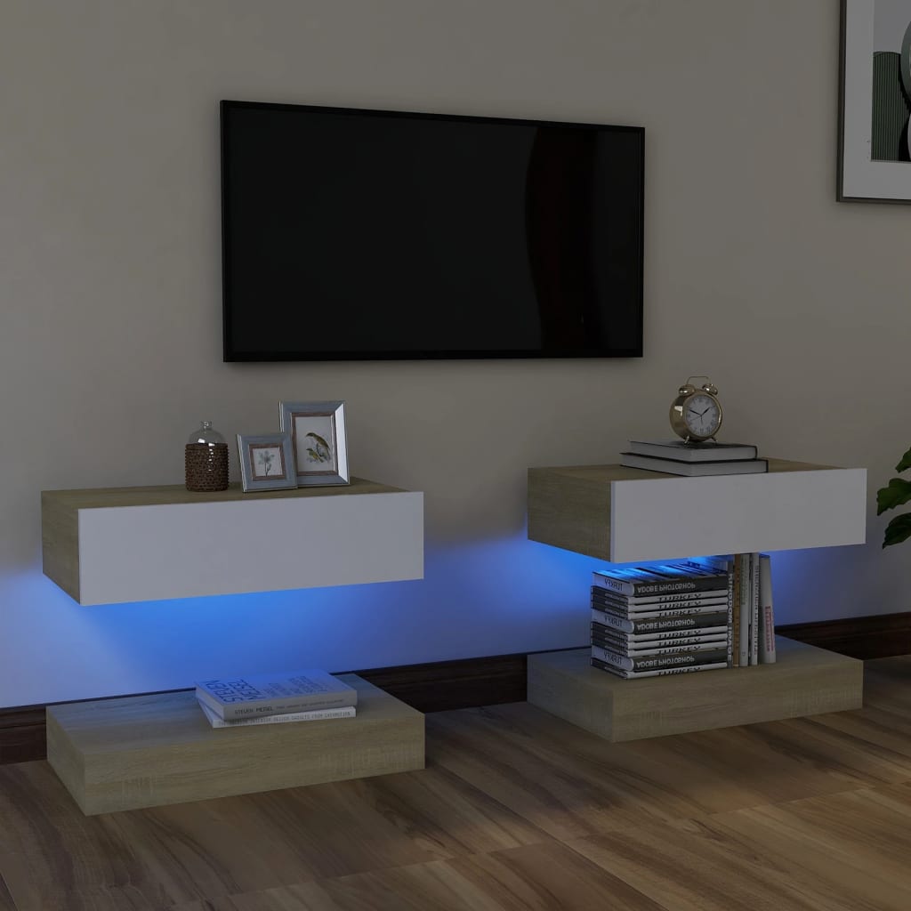Meubles TV avec lumières LED 2pcs Blanc et chêne sonoma 60x35cm | meublestv.fr 2