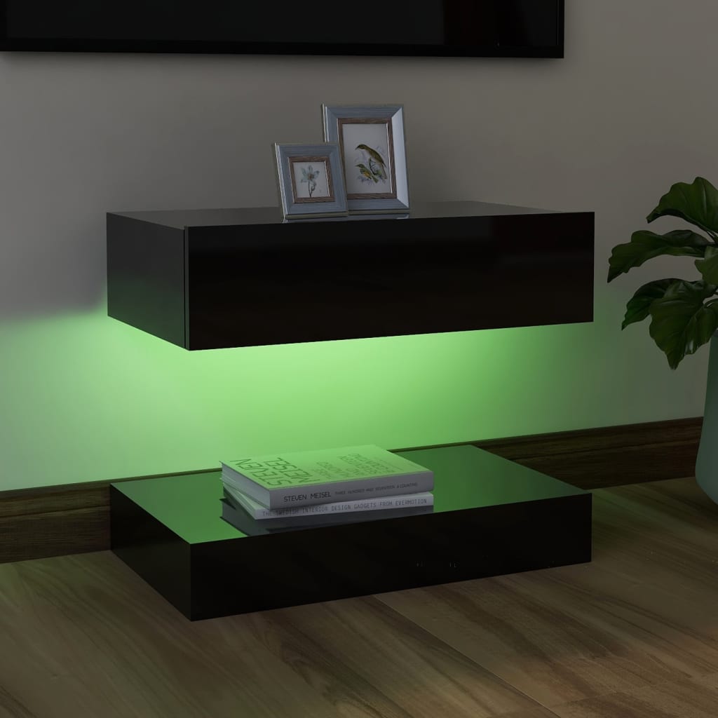 Comodă TV cu lumini LED, negru extralucios, 60x35 cm