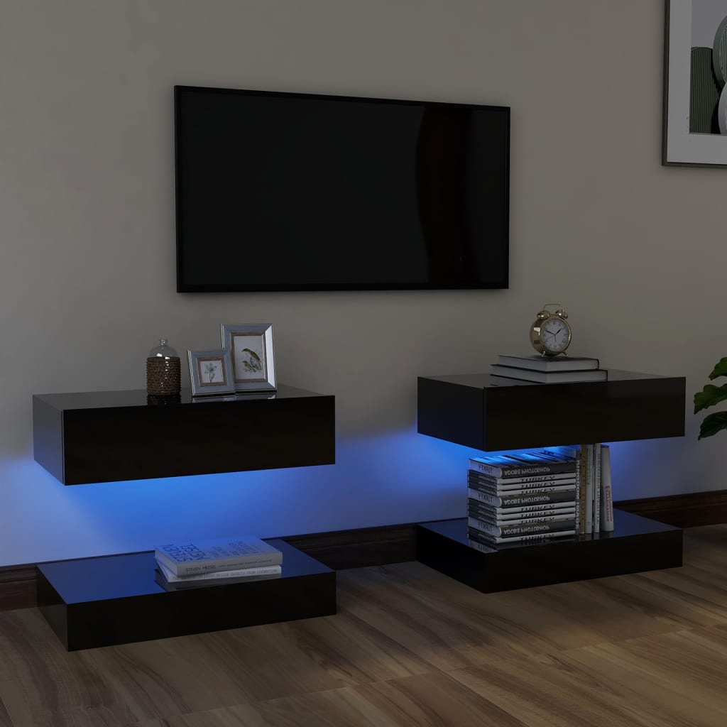 vidaXL Comode TV cu lumini LED, 2 buc., negru extralucios, 60×35 cm vidaxl.ro