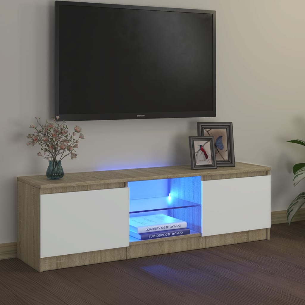 TV-taso LED-valoilla valkoinen ja Sonoma-tammi 120x30x355 cm