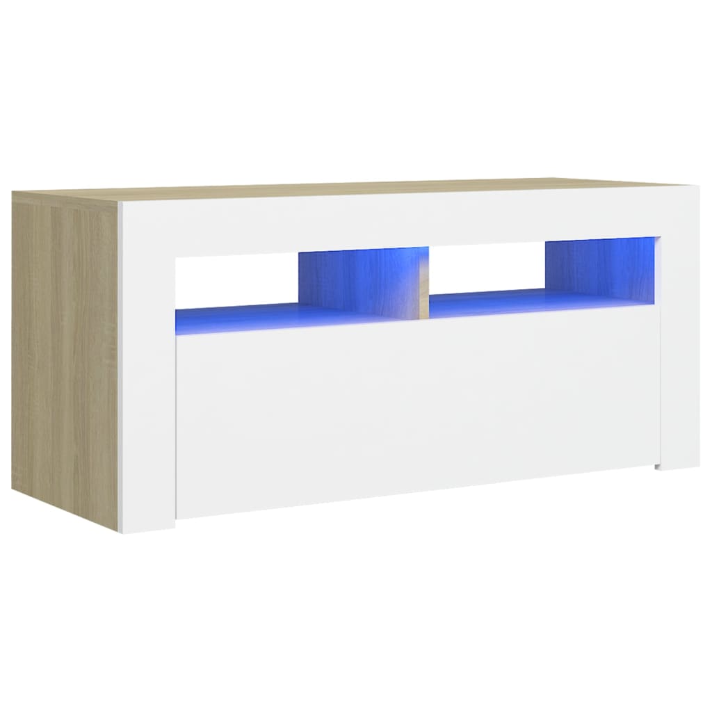 

vidaXL TV Cabinet with LED Lights White and Sonoma Oak 35.4"x13.8"x15.7"