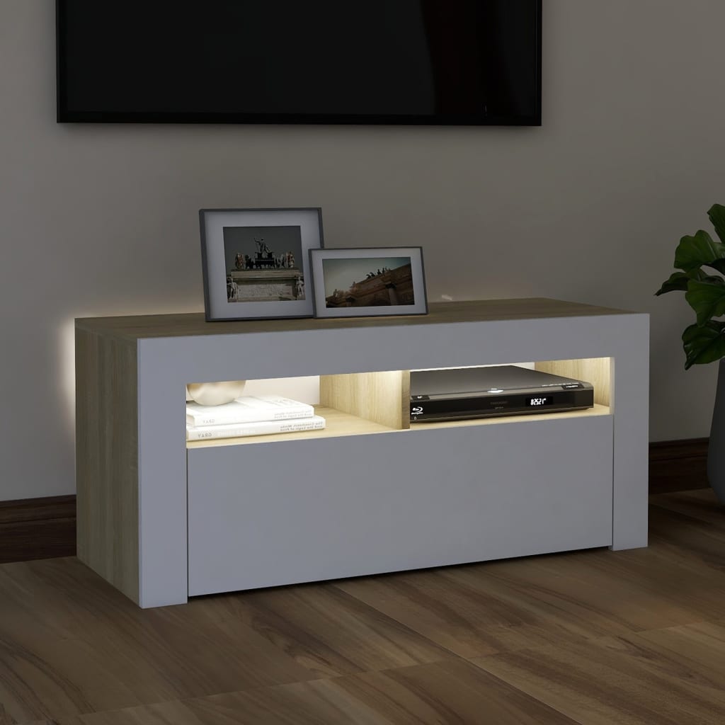 vidaXL TV Stand with LED Lights White and Sonoma Oak 35.4"x13.8"x15.7"