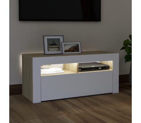 vidaXL Meuble TV avec lumières LED blanc et chêne sonoma 90x35x40 cm