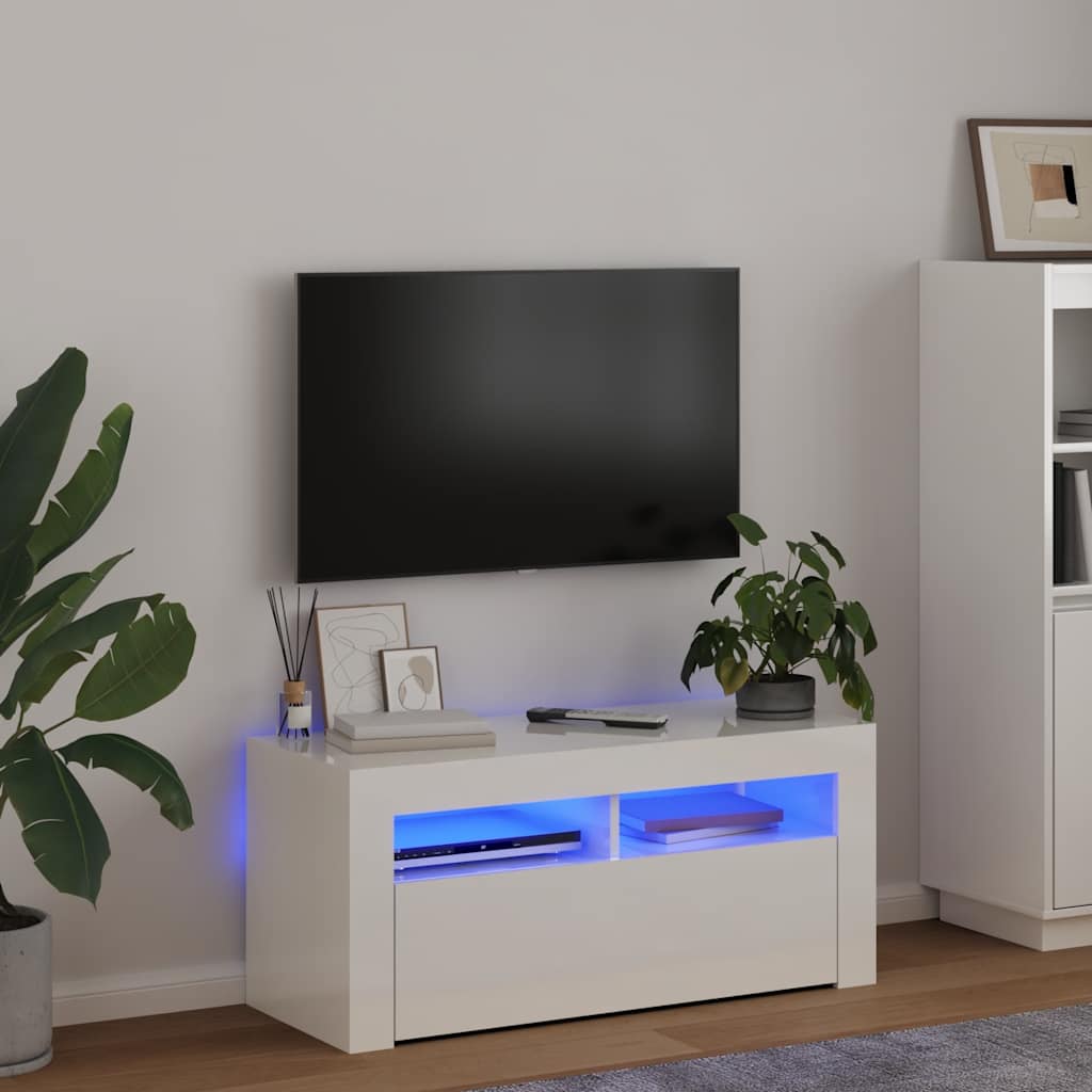 vidaXL Szafka TV z o�wietleniem LED, wysoki po�ysk, bia�a, 90x35x40 cm