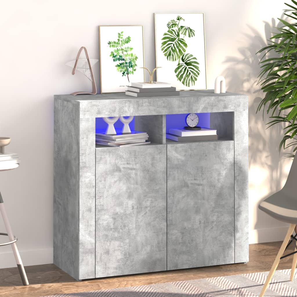 Credenza Moderna，Madia da cucina，Mobile Buffet，Armadio da Cucina con Luci  LED Grigio Cemento 80x35x75 cm VMOE12284 BonneVie