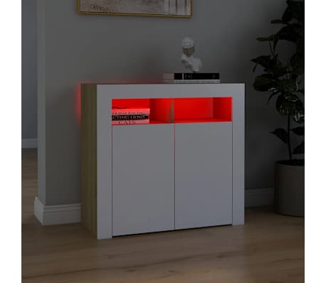 vidaXL &Scaron;oninė spintelė su LED ap&scaron;vietimu, balta/ąžuolo, 80x35x75cm