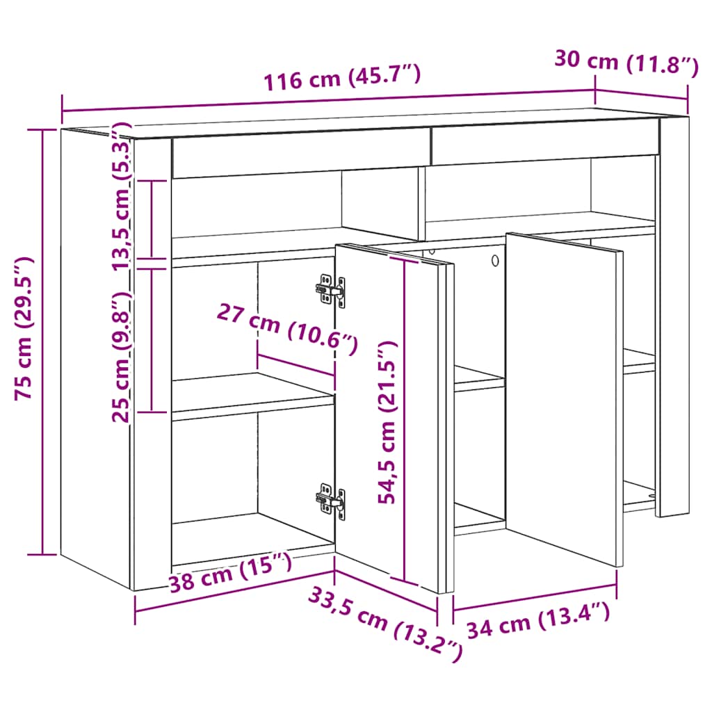 Servantă cu lumini LED,gri , 115,5x30x75 cm