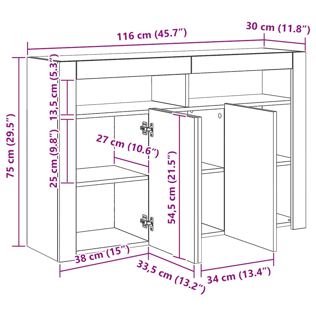 Servantă cu lumini LED, alb și stejar sonoma, 115,5x30x75 cm