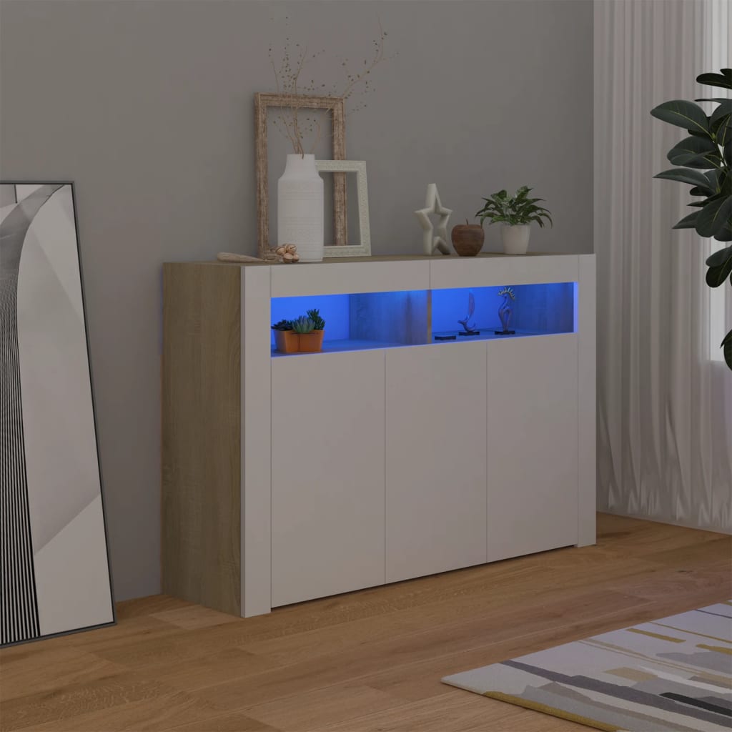 vidaXL Senkki LED-valoilla valkoinen ja Sonoma-tammi 115,5x30x75 cm