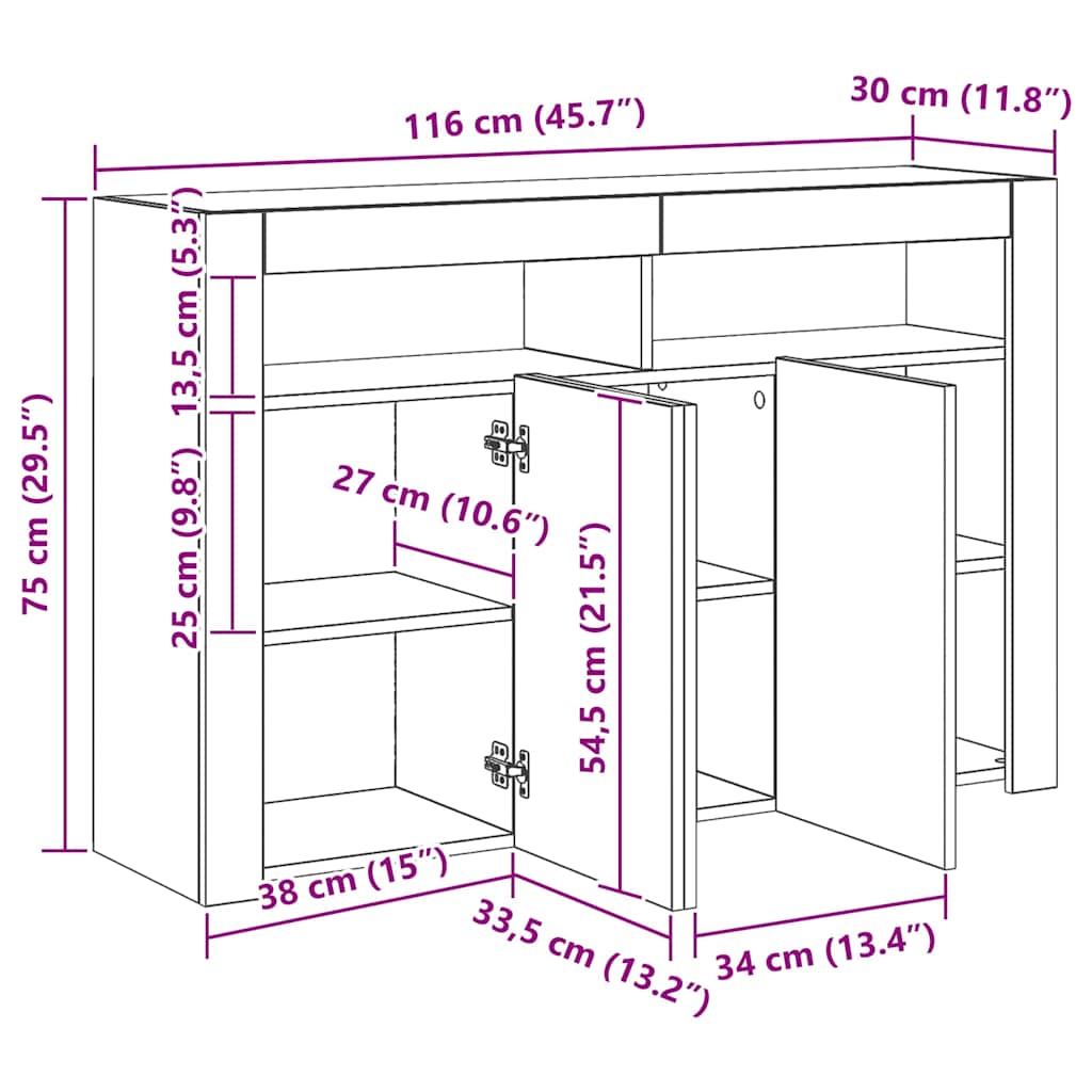 Servantă cu lumini LED, gri extralucios, 115,5x30x75 cm