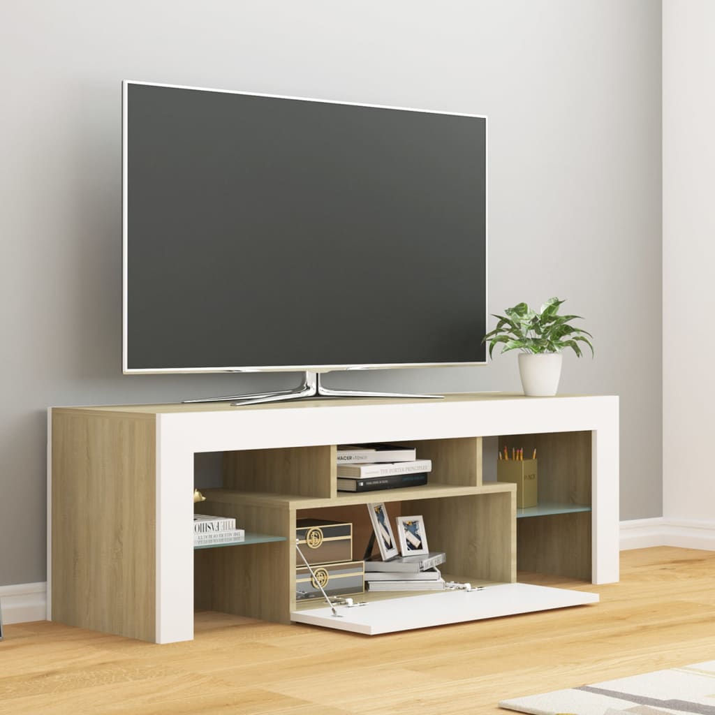 Meuble TV avec lumières LED Blanc et chêne sonoma 120x35x40 cm | meublestv.fr 8