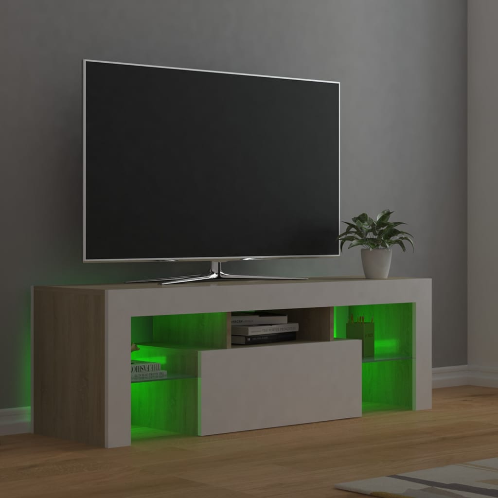Meuble TV avec lumières LED Blanc et chêne sonoma 120x35x40 cm | meublestv.fr 11