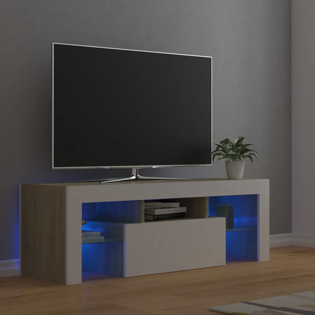 Meuble TV avec lumières LED Blanc et chêne sonoma 120x35x40 cm | meublestv.fr 2
