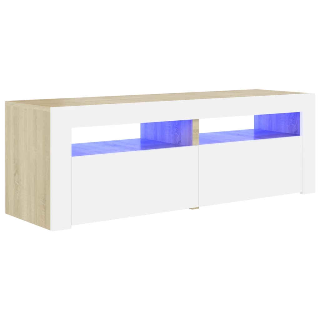 Meuble TV avec lumières LED Blanc et chêne sonoma 120x35x40 cm | meublestv.fr 3