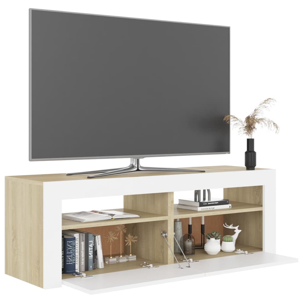 Meuble TV avec lumières LED Blanc et chêne sonoma 120x35x40 cm | meublestv.fr 7