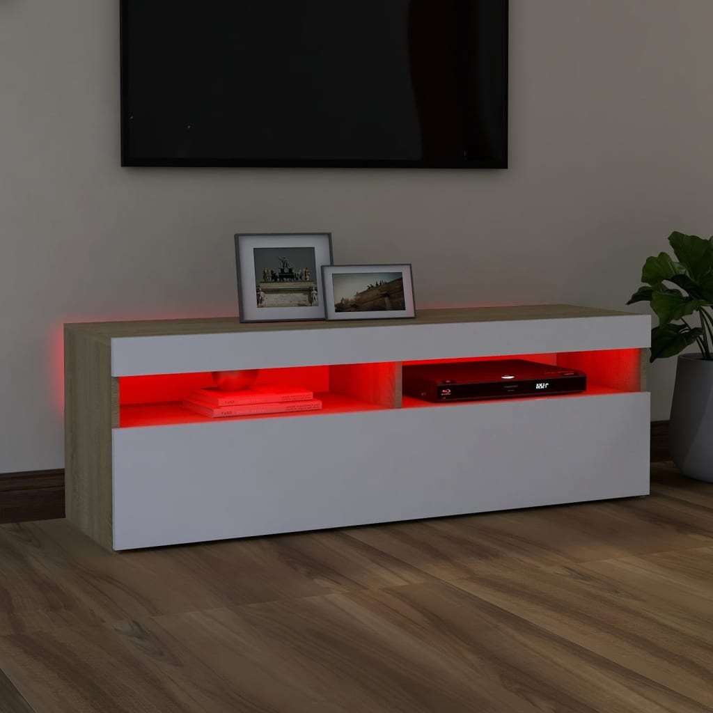 Meuble TV avec lumières LED Blanc et chêne sonoma 120x35x40 cm | meublestv.fr 5