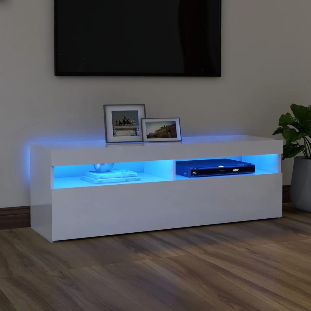 vidaXL Comodă TV cu lumini LED, alb extralucios, 120x35x40 cm