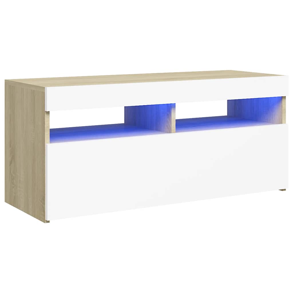

vidaXL TV Cabinet with LED Lights White and Sonoma Oak 35.4"x13.8"x15.7"