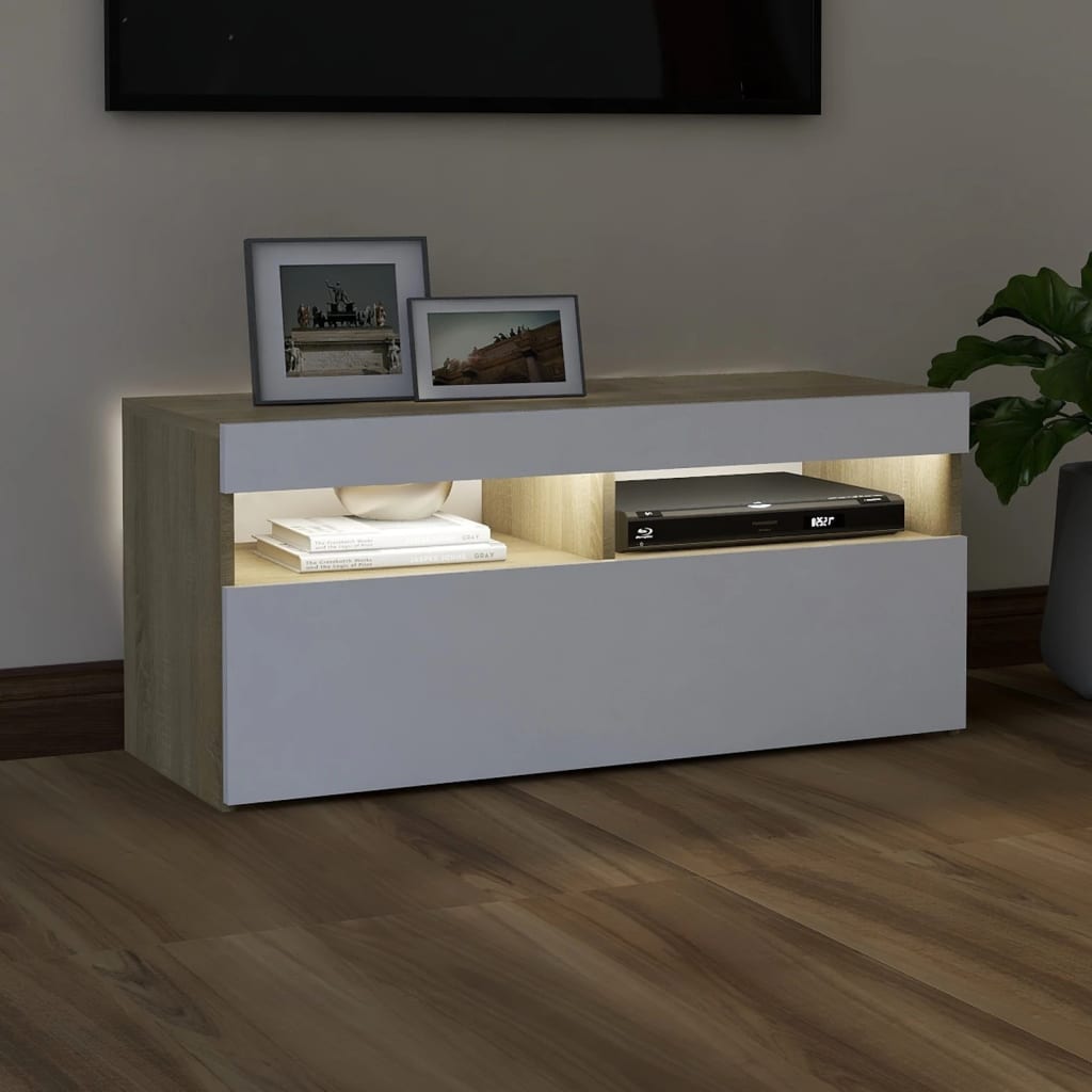 vidaXL TV Stand with LED Lights White and Sonoma Oak 35.4"x13.8"x15.7"