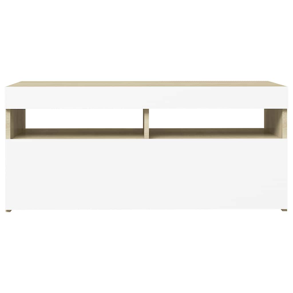 Comodă TV cu lumini LED, alb și stejar Sonoma, 90x35x40 cm