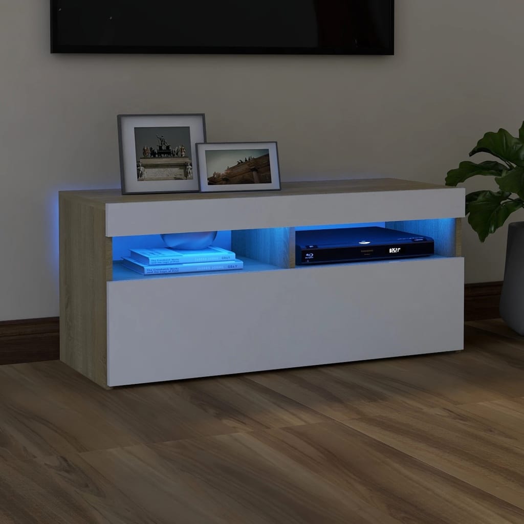 TV-Schrank mit LED-Beleuchtung Weiß Sonoma-Eiche 90x35x40 cm | Stepinfit