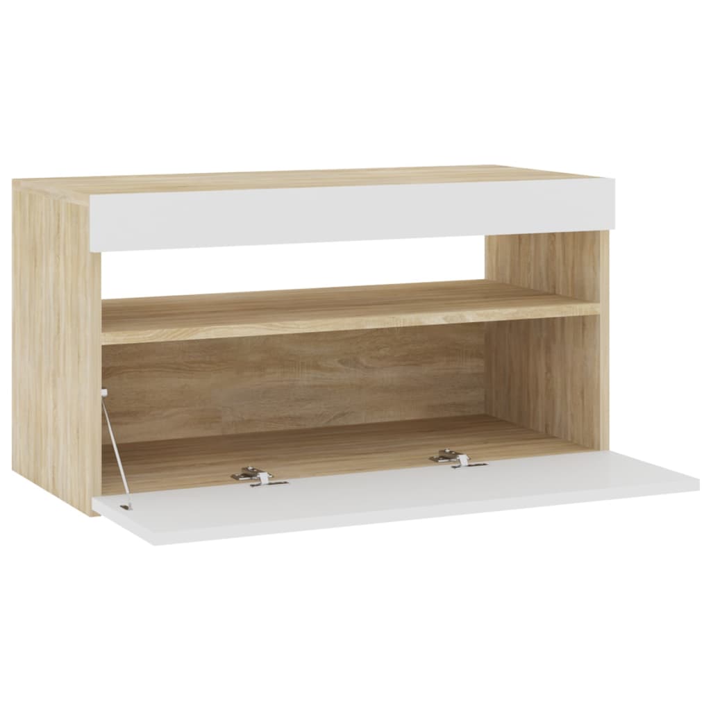 Comodă TV cu lumini LED, alb & stejar sonoma, 75x35x40 cm