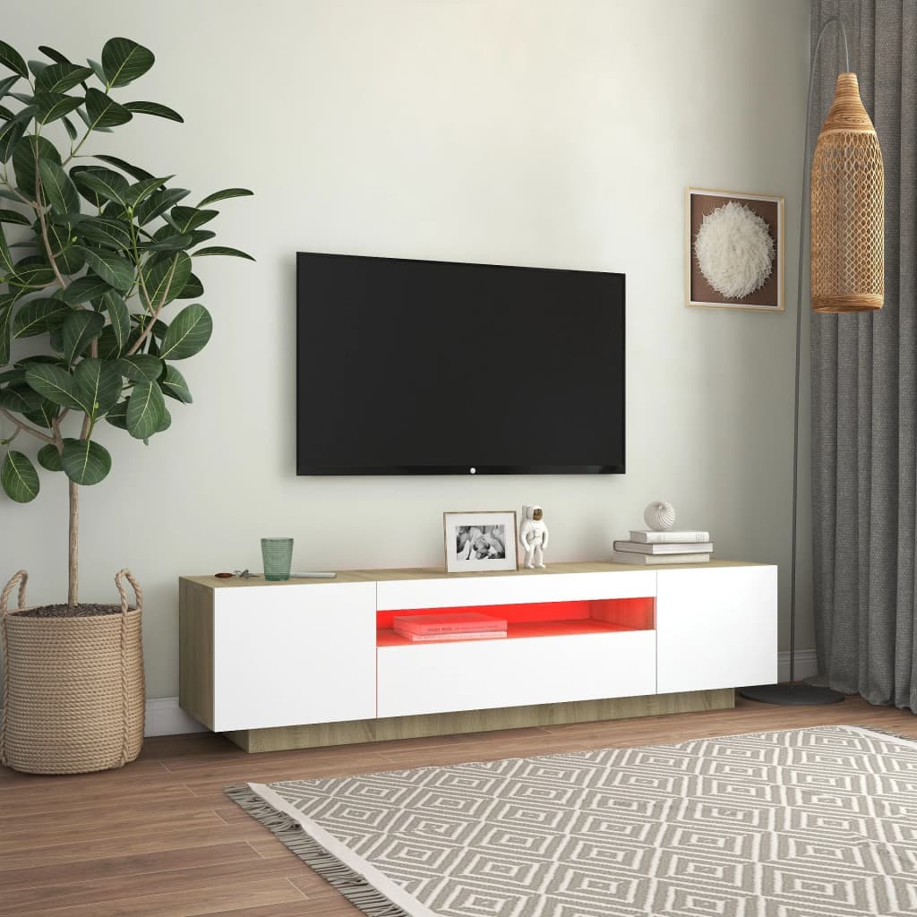 vidaXL TV Stand with LED Lights White and Sonoma Oak 63"x13.8"x15.7"