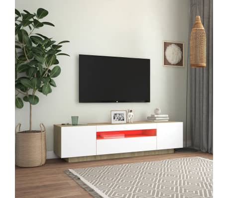 vidaXL TV Stand with LED Lights White and Sonoma Oak 63"x13.8"x15.7"