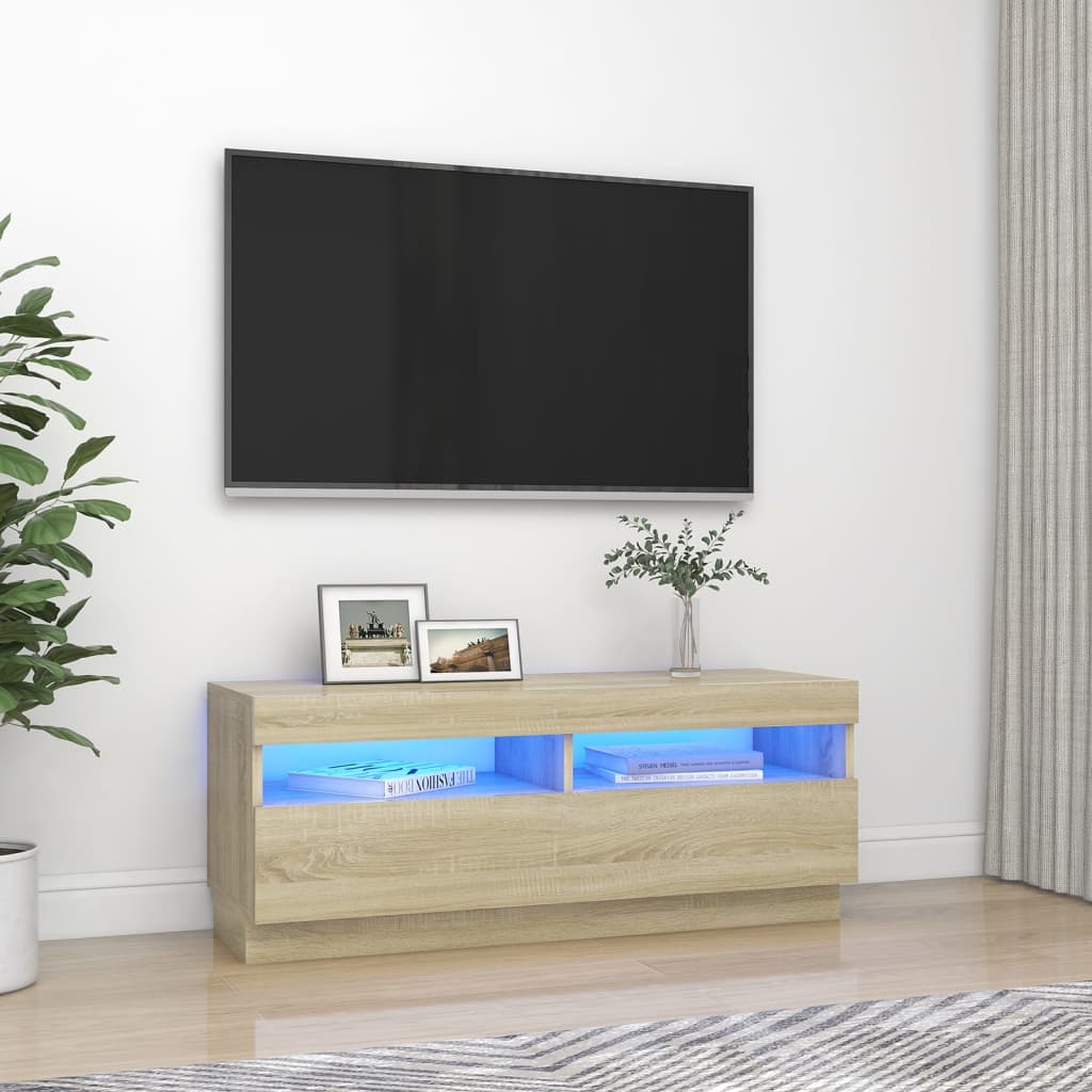 Mueble TV - para la sala de estar - 140 cm de ancho - roble lancaster /  blanco brillo - con iluminación LED - Bianko