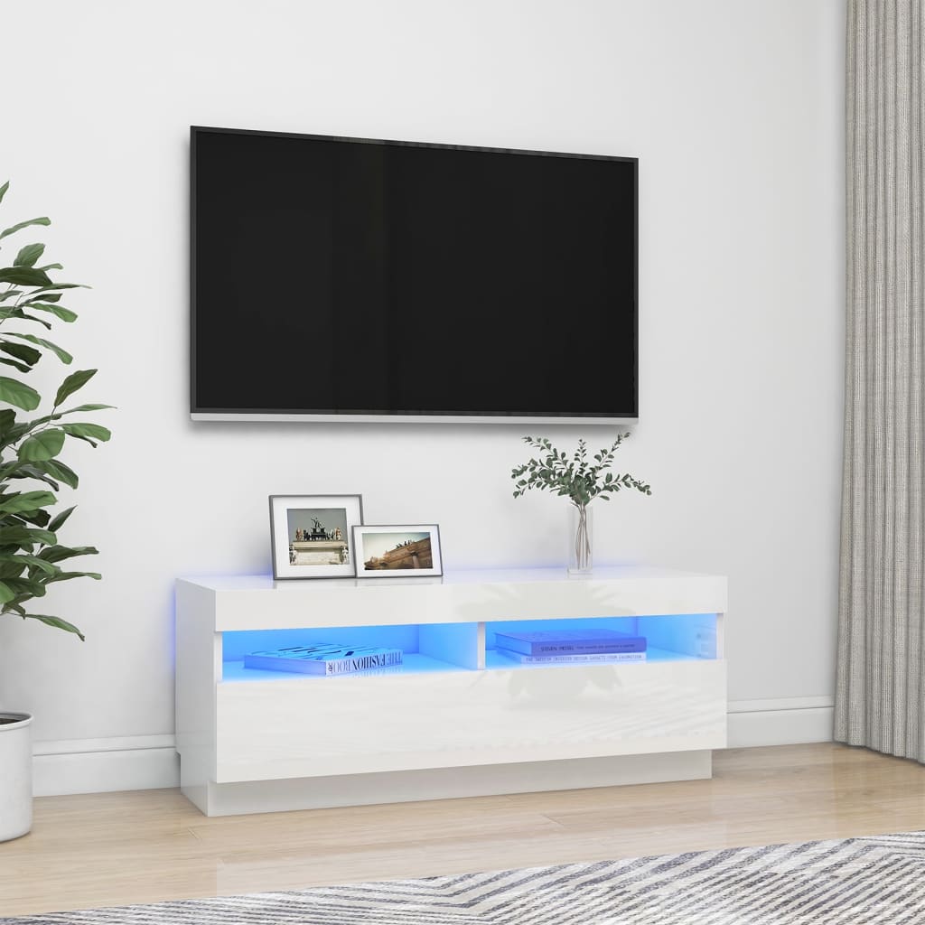 vidaXL Szafka TV z owietleniem LED, biel z poyskiem, 100x35x40 cm